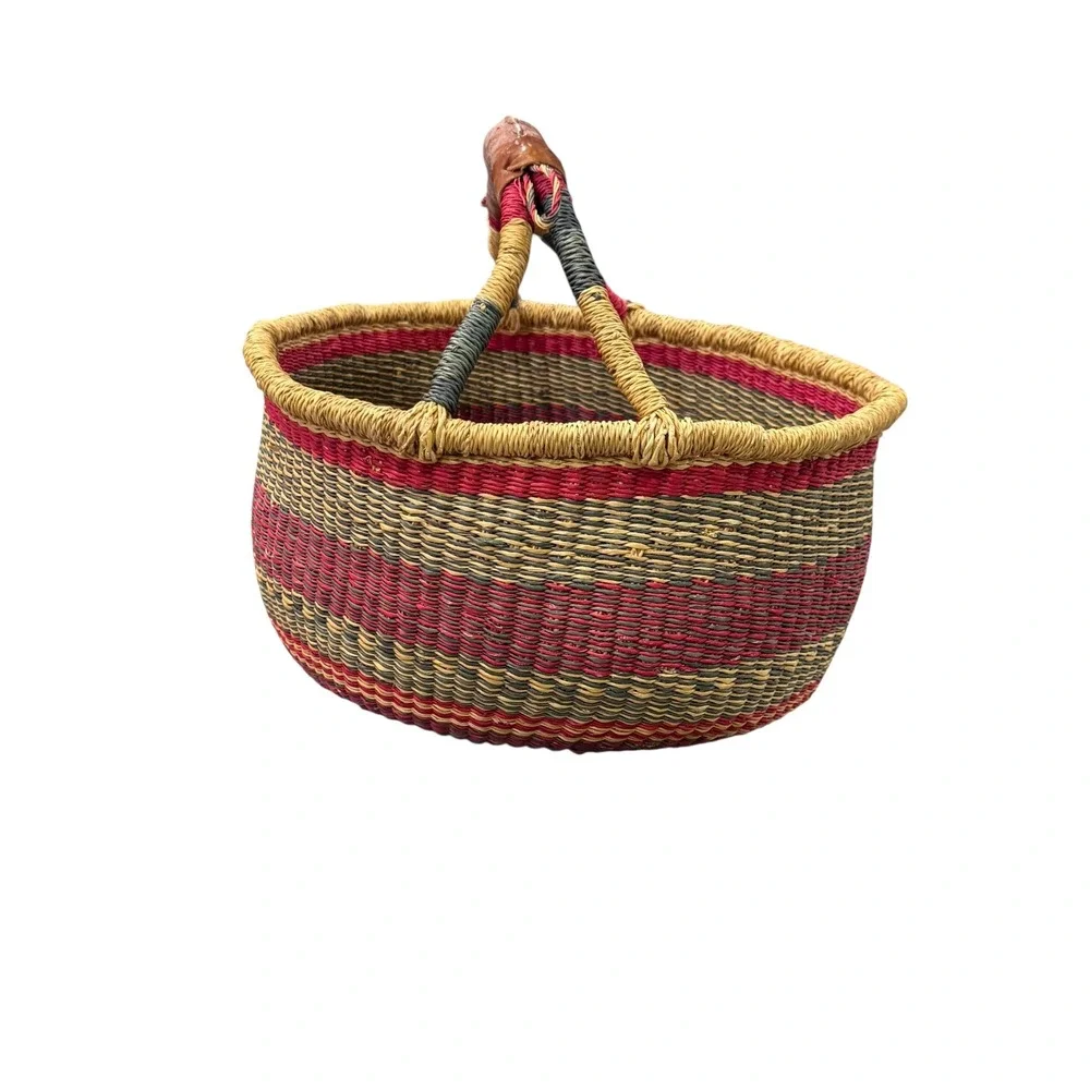Handwoven Woven Market Basket Leather Handle Boho Storage Farmhouse Decor Tote